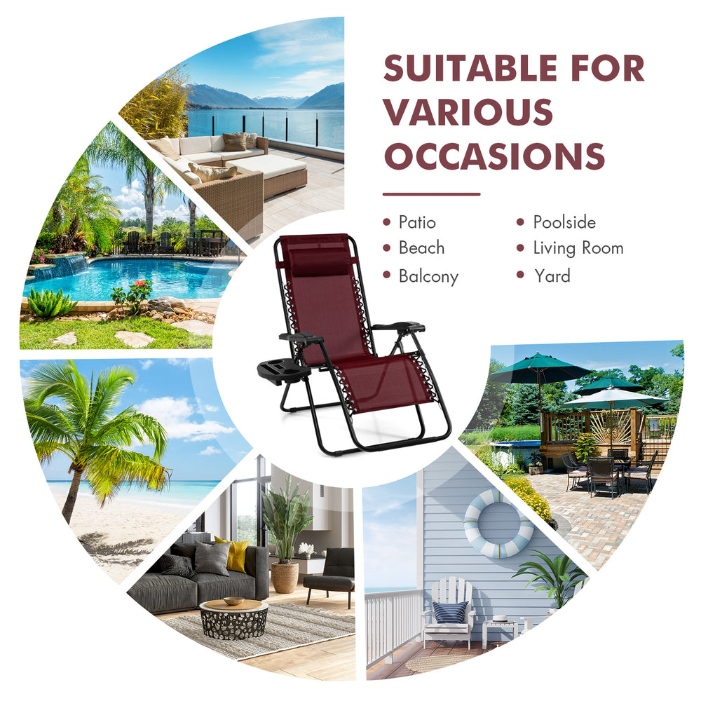 Dark red outdoor folding zero gravity reclining lounge chair with cup holder, ideal for beach, yard, or home relaxation.