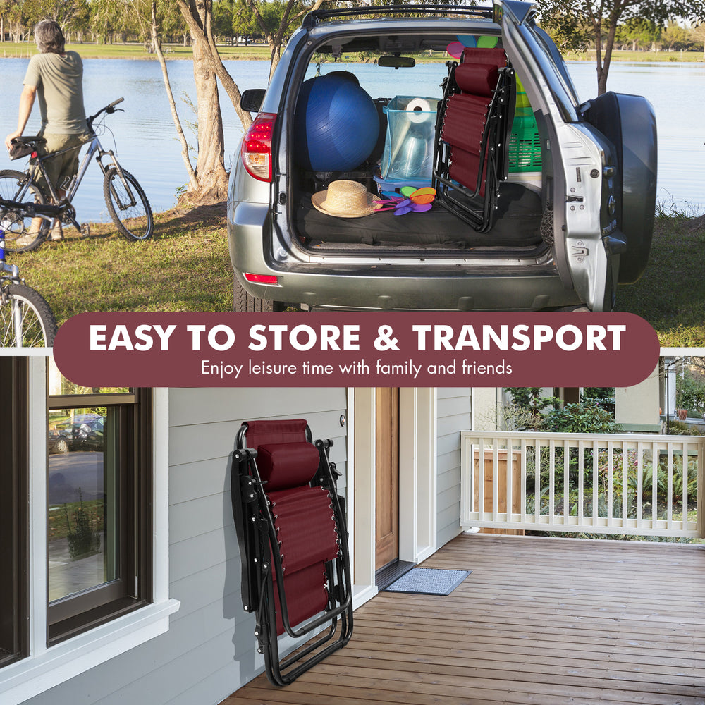 Outdoor folding zero gravity reclining lounge chair in dark red, shown folded for easy storage and transport, perfect.