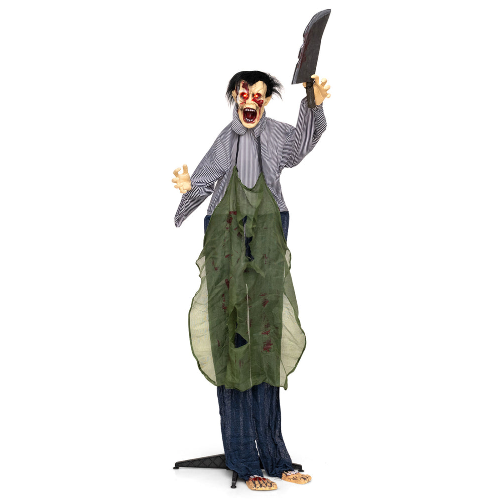 Life-size zombie Halloween decoration features a terrifying design, wearing a bloody outfit and holding a simulated knife for outdoor scares.