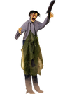 Life-size zombie Halloween decoration with glowing red eyes, holding a knife, perfect for creating a haunted outdoor scene.