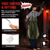 Life-size Zombie Halloween decoration with glowing red eyes, bloody face, and simulated knife, perfect for haunted scenes.