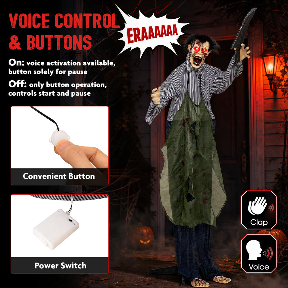 Life-size Zombie Halloween decoration with glowing red eyes, bloody face, and simulated knife, perfect for haunted scenes.