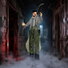 Life-size zombie Halloween decoration with glowing red eyes, bloody face, and simulated knife for terrifying haunted scenes.