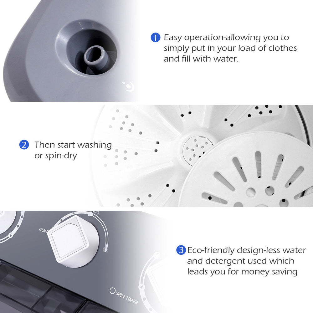 Top view of the 20 lbs portable semi-automatic twin-tub washing machine showcasing easy operation and separate timer.