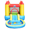 Inflatable kids slide bounce house with vibrant colors and water slide, perfect for summer fun in the backyard.