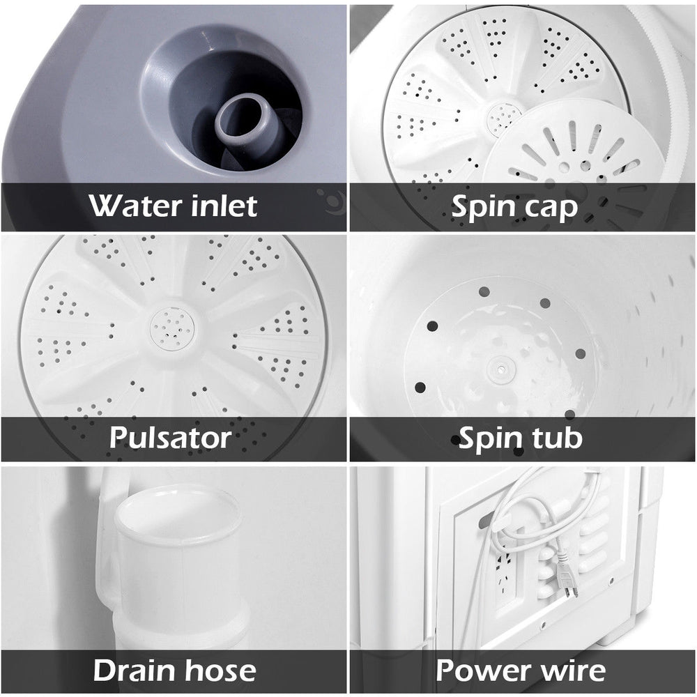 Top view of the 20 lbs portable semi-automatic twin-tub washing machine showing the spin cap and pulsator for efficient.