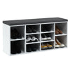 Shoe storage bench with cushion in white, featuring 10 cubes for organized shoe storage, ideal for entryway or hallway.