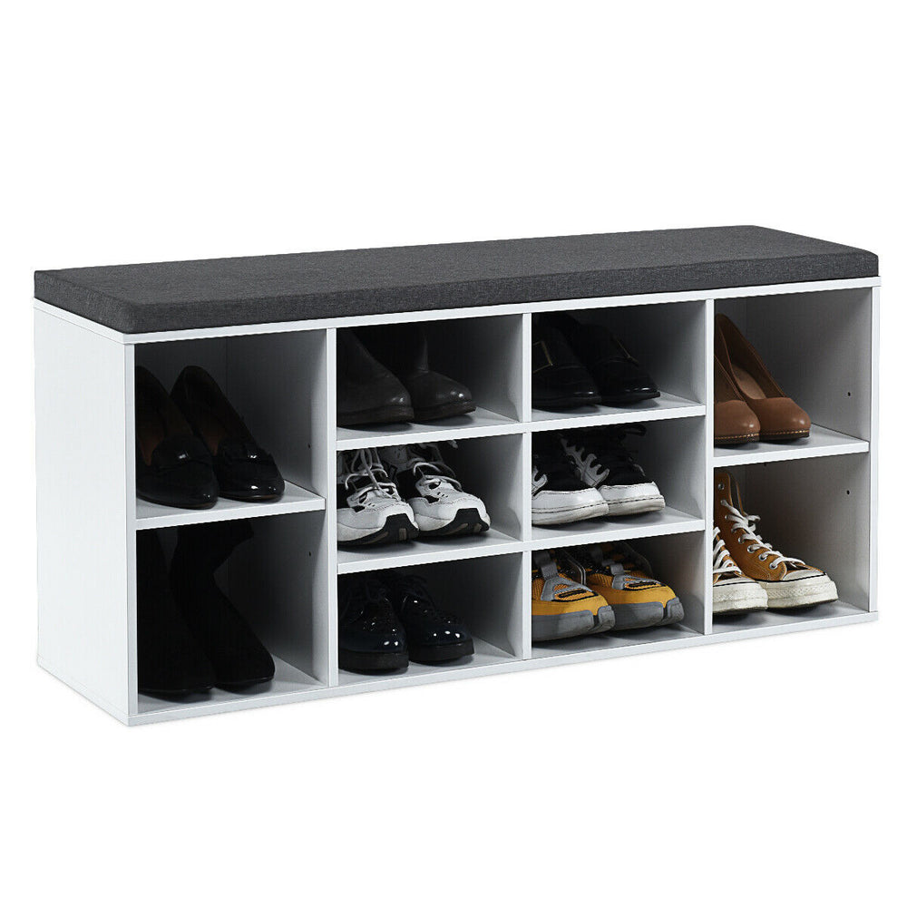 Shoe storage bench with cushion in white, featuring 10 cubes for organized shoe storage, ideal for entryway or hallway.