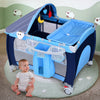 Foldable baby crib playpen in blue with mosquito net, storage pockets, and detachable changing table for travel.