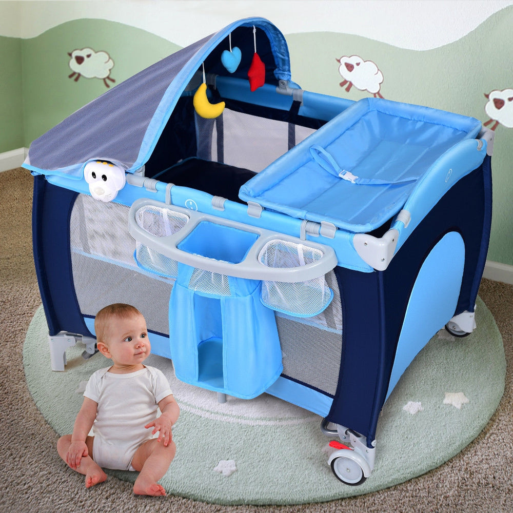 Foldable Baby Crib Playpen with Mosquito Net and Bag-Blue - Gallery View 1 of 10