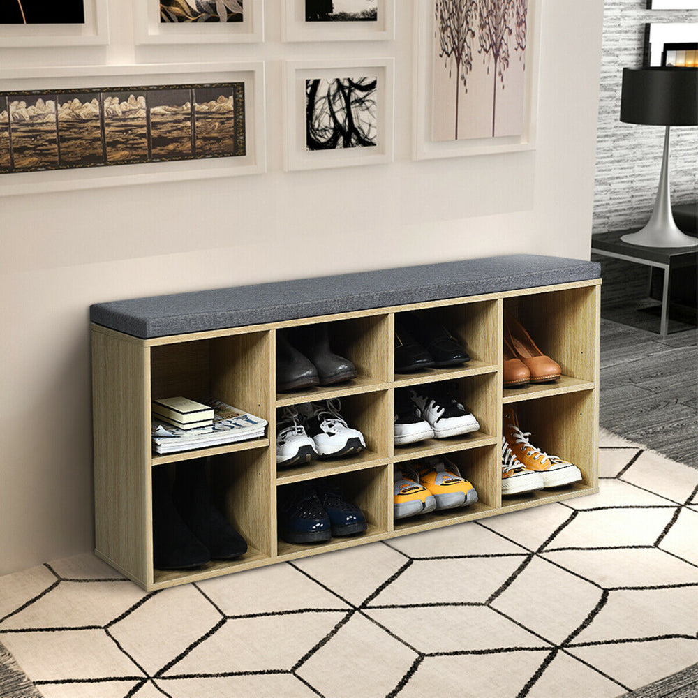 10-Cube Organizer Shoe Storage Bench with Cushion for Entryway-Beige - Gallery View 1 of 12