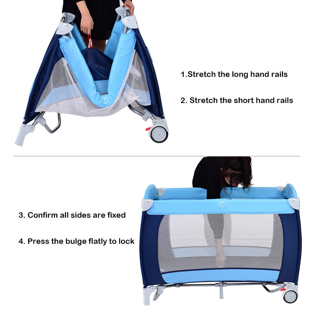 Foldable baby crib playpen in blue with mosquito net, showcasing setup steps and features for easy travel and storage.