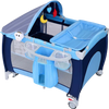 Foldable baby crib playpen in blue with detachable upper bed, side zipper door, and protective canopy for travel safety.