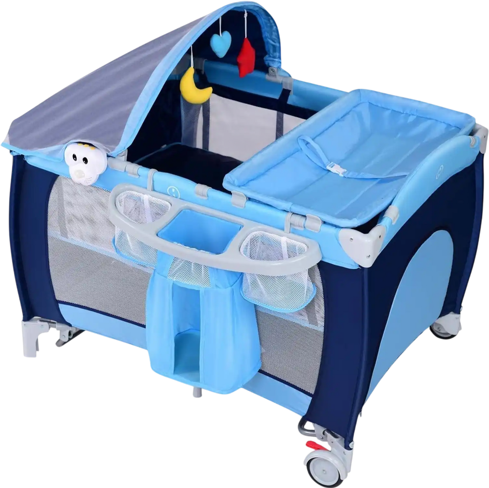 Foldable baby crib playpen in blue with detachable upper bed, side zipper door, and protective canopy for travel safety.