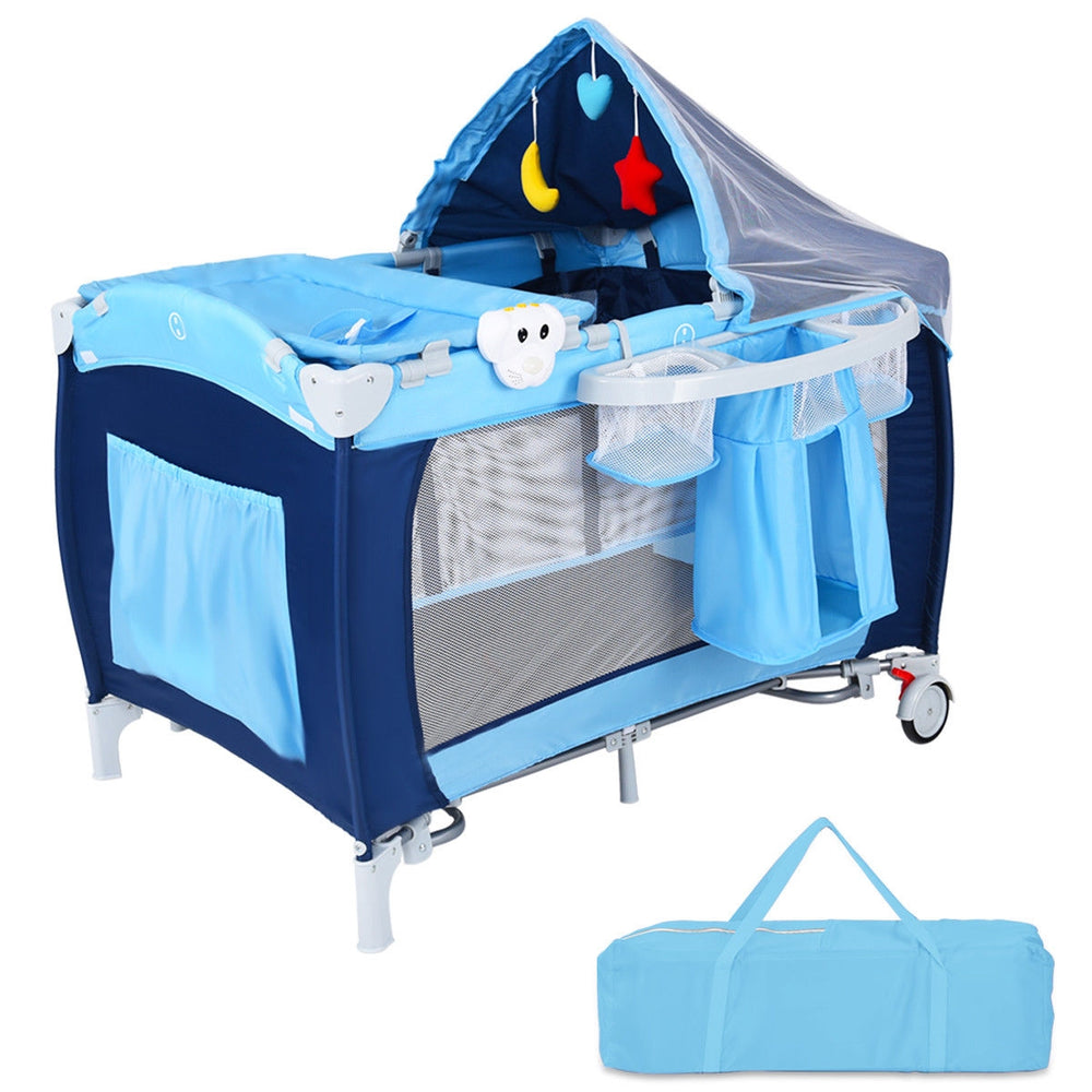 Foldable baby crib playpen in blue with mosquito net, storage pockets, and detachable rocking legs for travel.