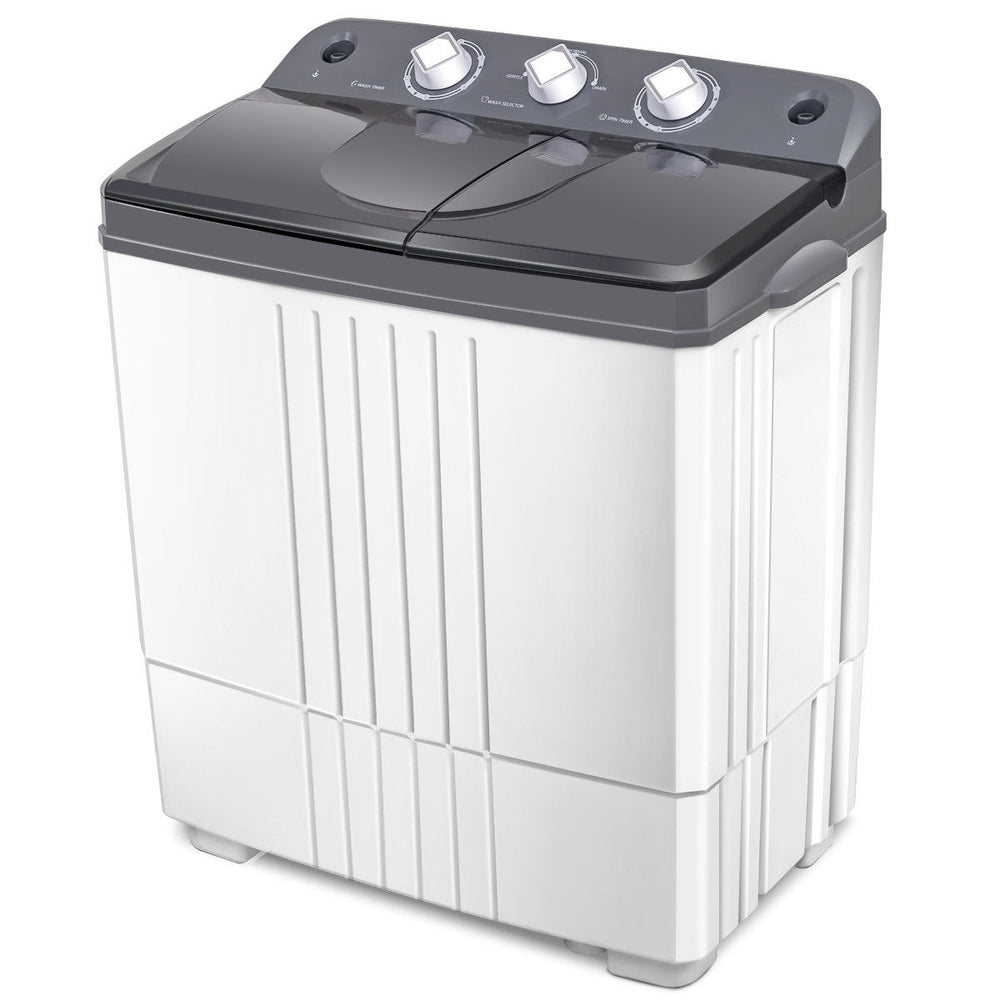 Compact 20 lbs portable twin-tub washing machine with drainage tube, designed for easy use in dorms and RVs.