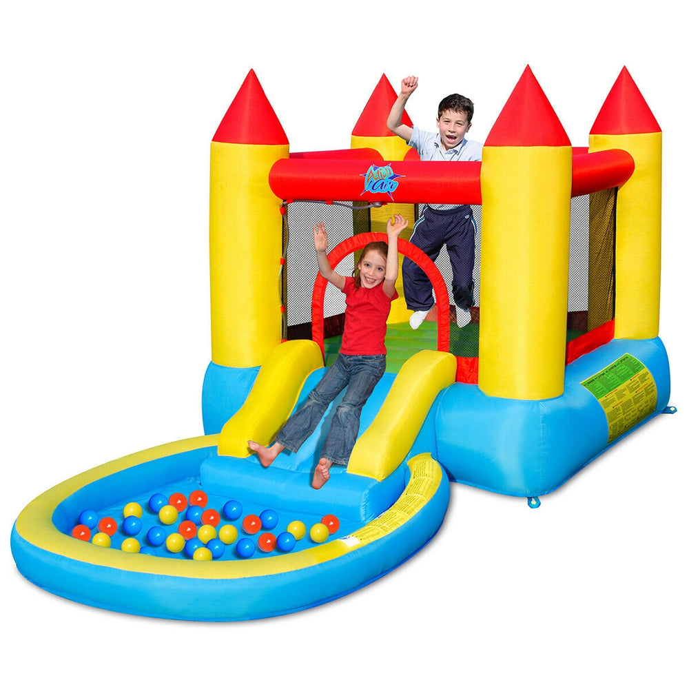 Inflatable kids slide bounce house with water slide and splash pool, featuring mesh walls for safety and colorful balls.