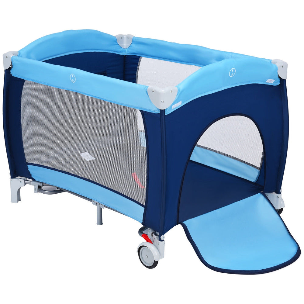 Foldable baby crib playpen in blue with mosquito net, side zipper door, and storage for travel convenience.