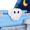 Close-up of the Foldable Baby Crib Playpen in blue featuring a playful dog-shaped music box and mosquito net.