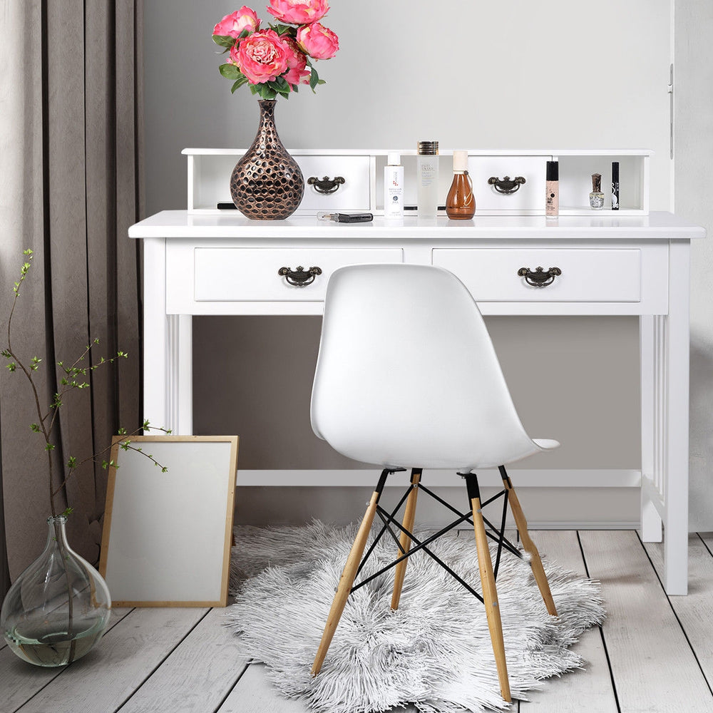 Home office writing desk with four drawers, featuring a modern design and solid wood legs, ideal for a tidy workspace.
