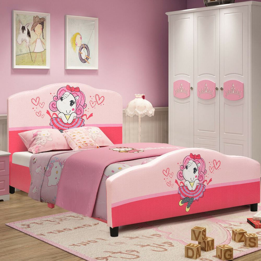 Upholstered toddler bed with cute girl patterns, bright colors, and adjustable feet for stability and safety.