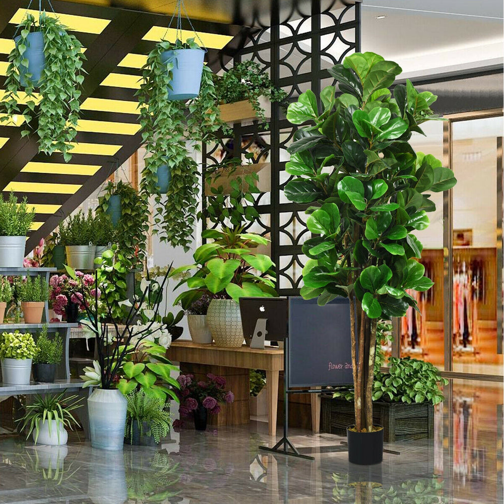 6-feet artificial fiddle leaf fig tree with realistic leaves and trunks, ideal for indoor or outdoor home decoration.