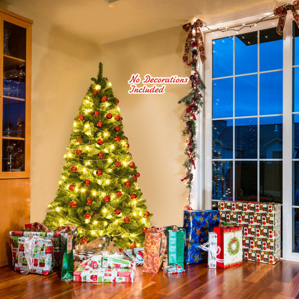 6 ft PVC artificial Christmas tree with lights, full-bodied design, perfect for indoor holiday decoration.