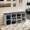 10-cube shoe storage bench in white with padded cushion, featuring ample storage for shoes and adjustable shelves.