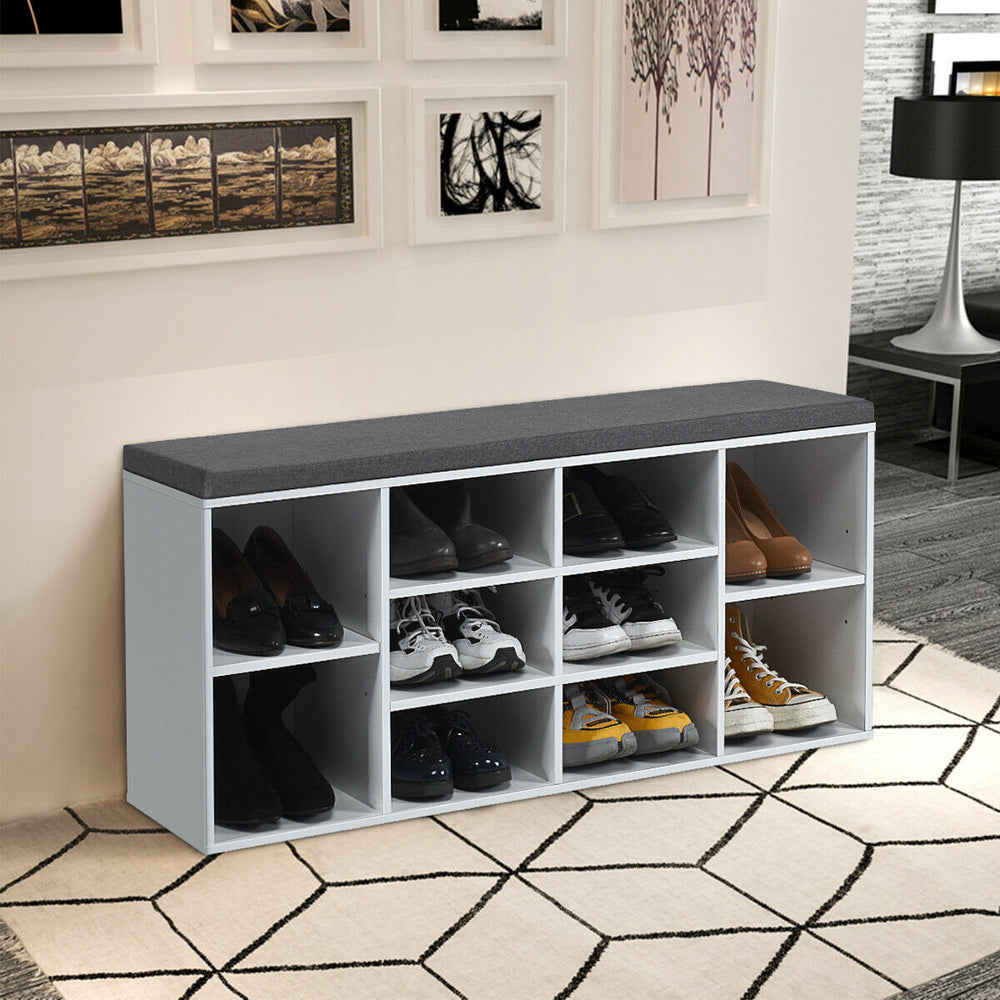10-cube shoe storage bench in white with padded cushion, featuring ample storage for shoes and adjustable shelves.