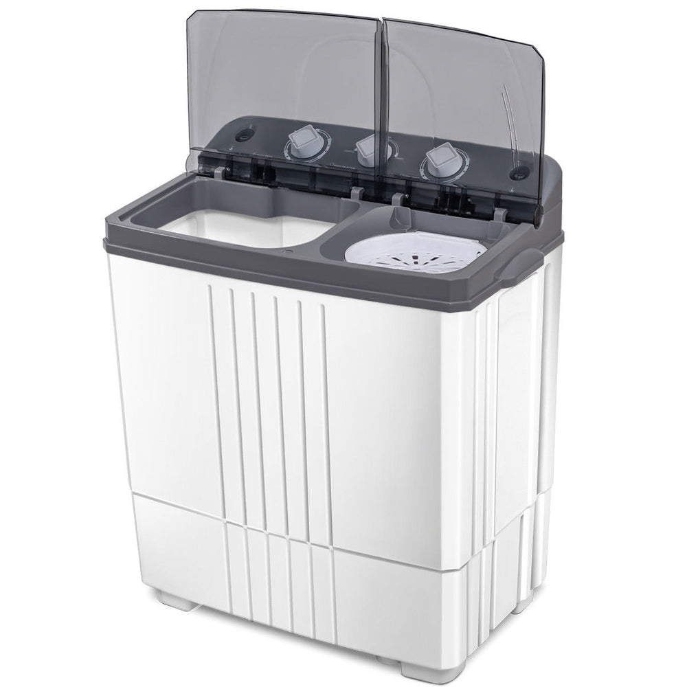 Portable semi-automatic twin-tub washing machine with separate timer controls, ideal for apartments and camping.