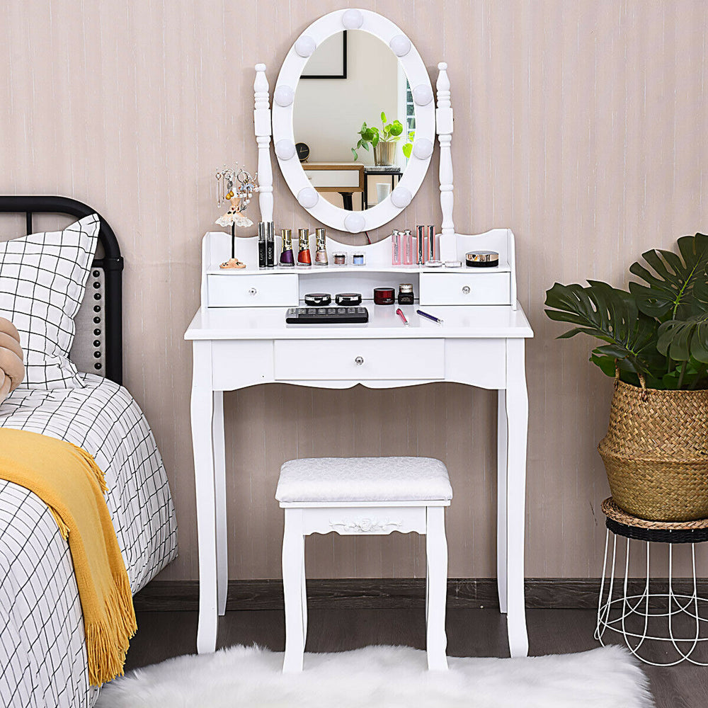 Oval Mirror Vanity Set  with 10 LED Dimmable Bulbs and 3 Drawers-White - Gallery View 1 of 9