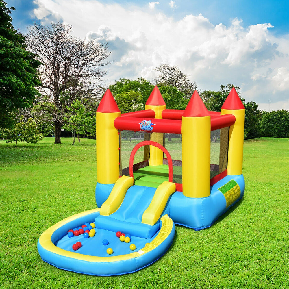 Inflatable kids slide bounce house with water slide and splash pool, perfect for outdoor fun and exercise in the garden.