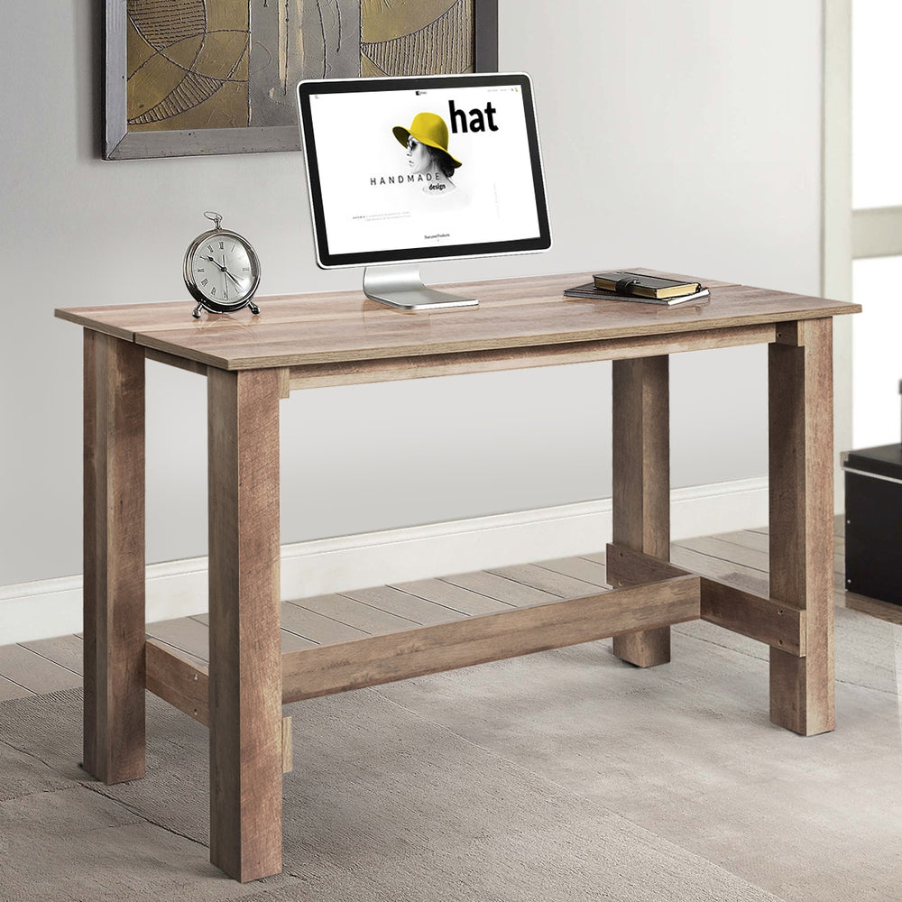 Counter height dining table with a spacious wood grain desktop, solid frame, ideal for dining or home office use.