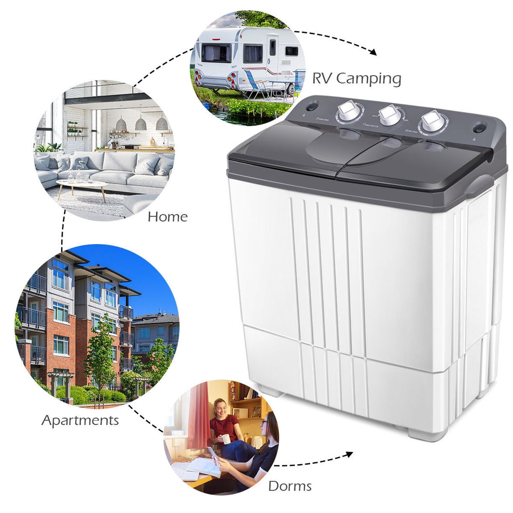 Portable 20 lbs semi-automatic twin-tub washing machine for apartments, dorms, and RV camping with easy timer controls.