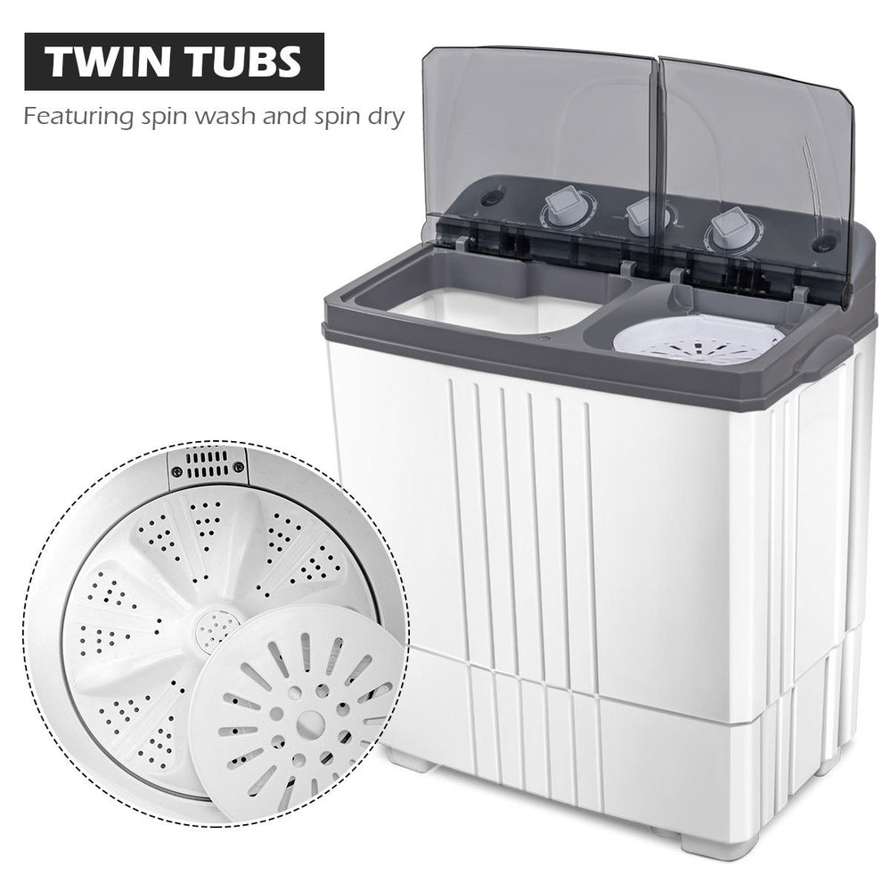 Portable 20 lbs twin-tub washing machine with separate timer controls for wash and spin, ideal for apartments and.