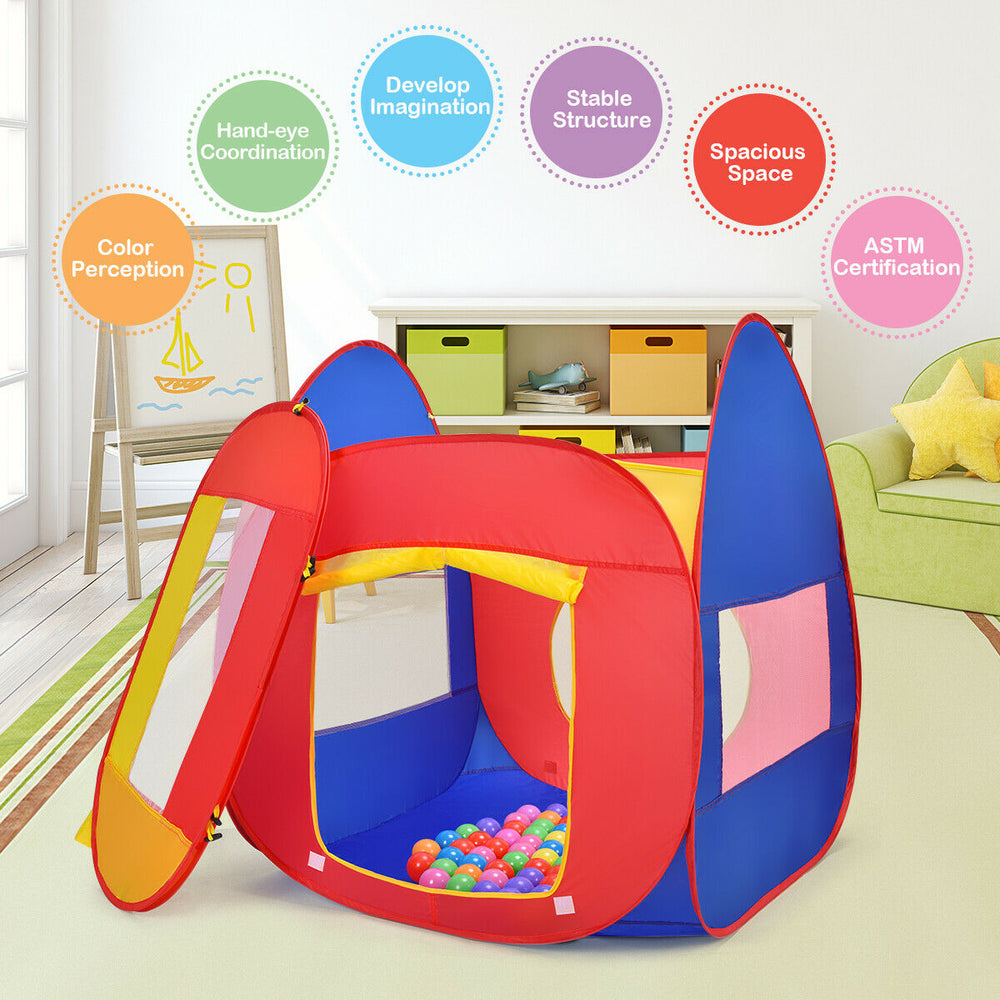 Colorful portable kid play house tent with 100 balls, featuring breathable mesh windows for visibility and safety.