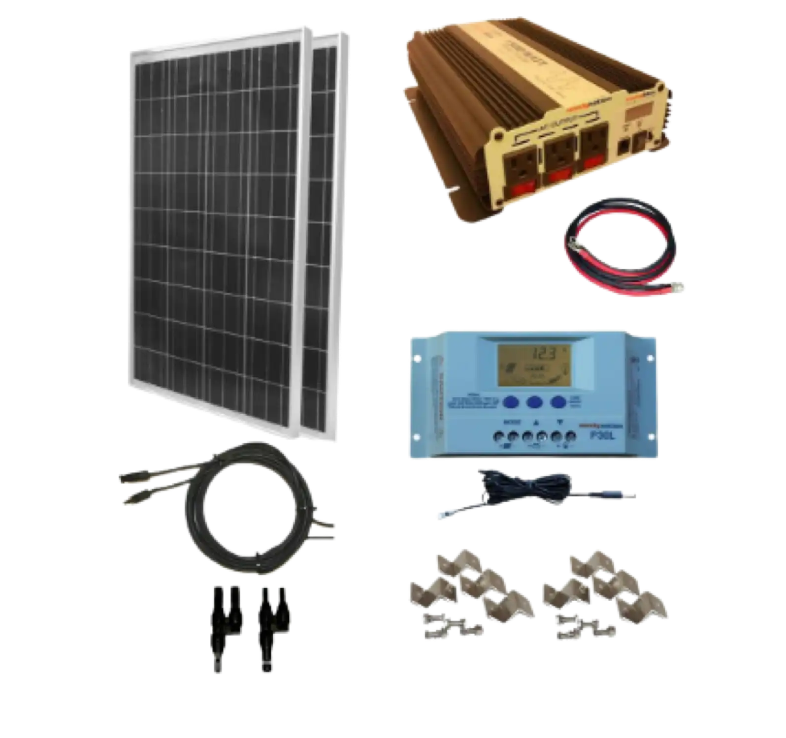 WindyNation SOK-200WPI-15 Complete 200 Watt Solar Panel Kit with 1500W VertaMax Power Inverter for 12 Volt Battery Systems New