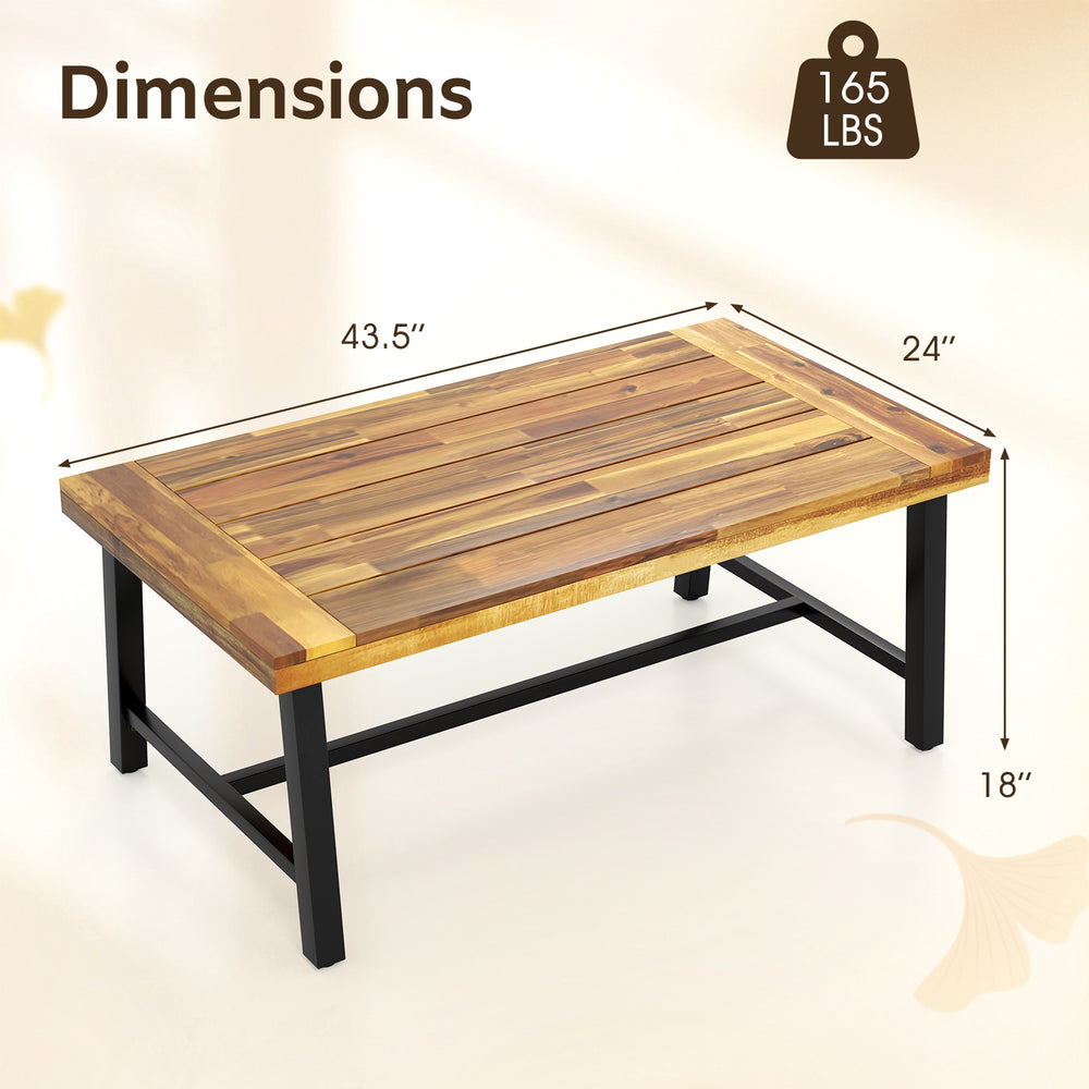 Acacia wood coffee table with thickened top, heavy-duty metal legs, and dimensions of 43.5" x 24" x 18" for sturdy.