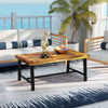 Acacia wood coffee table with thickened top and heavy-duty metal legs, perfect for outdoor gatherings and decor.