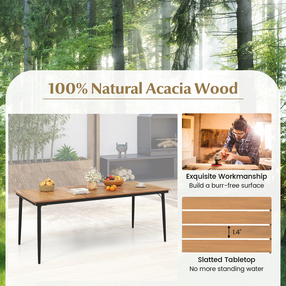 79-inch acacia wood outdoor dining table for 8 with slatted tabletop and umbrella hole, perfect for backyard gatherings.