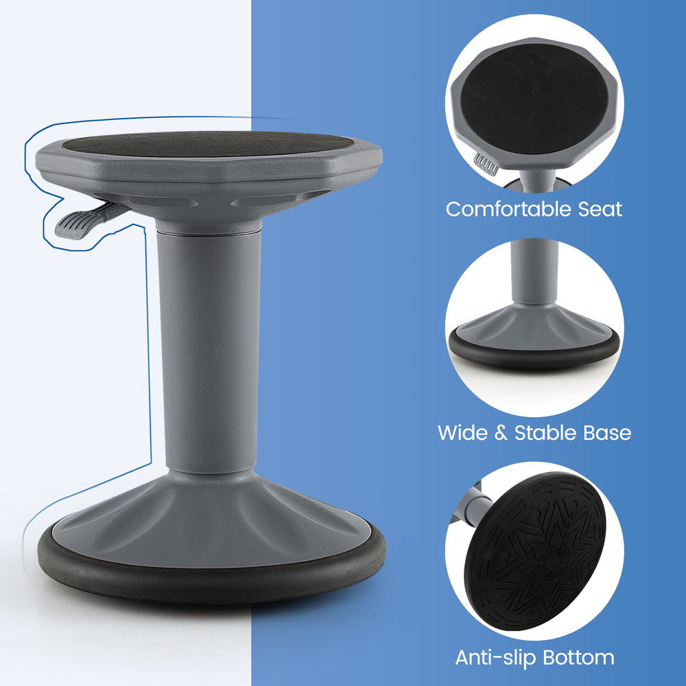 Adjustable-height gray wobble chair with a comfortable seat and anti-slip bottom, ideal for active learning.
