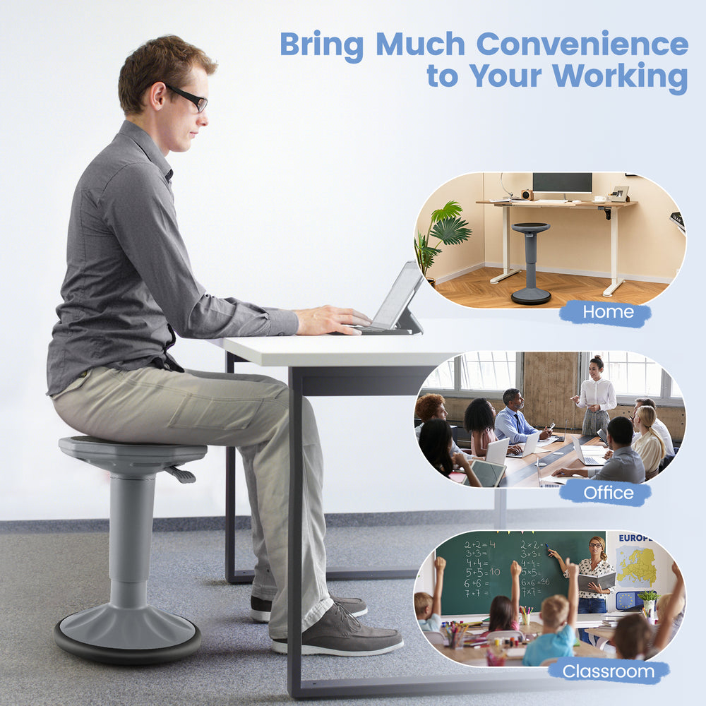 Adjustable-height gray wobble chair for active learning, promoting good posture and core strength in children.