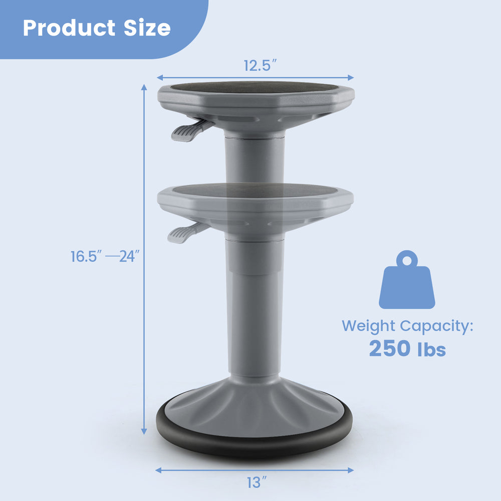 Adjustable-height wobble chair in gray with a 250 lbs capacity, designed for active learning and good posture.