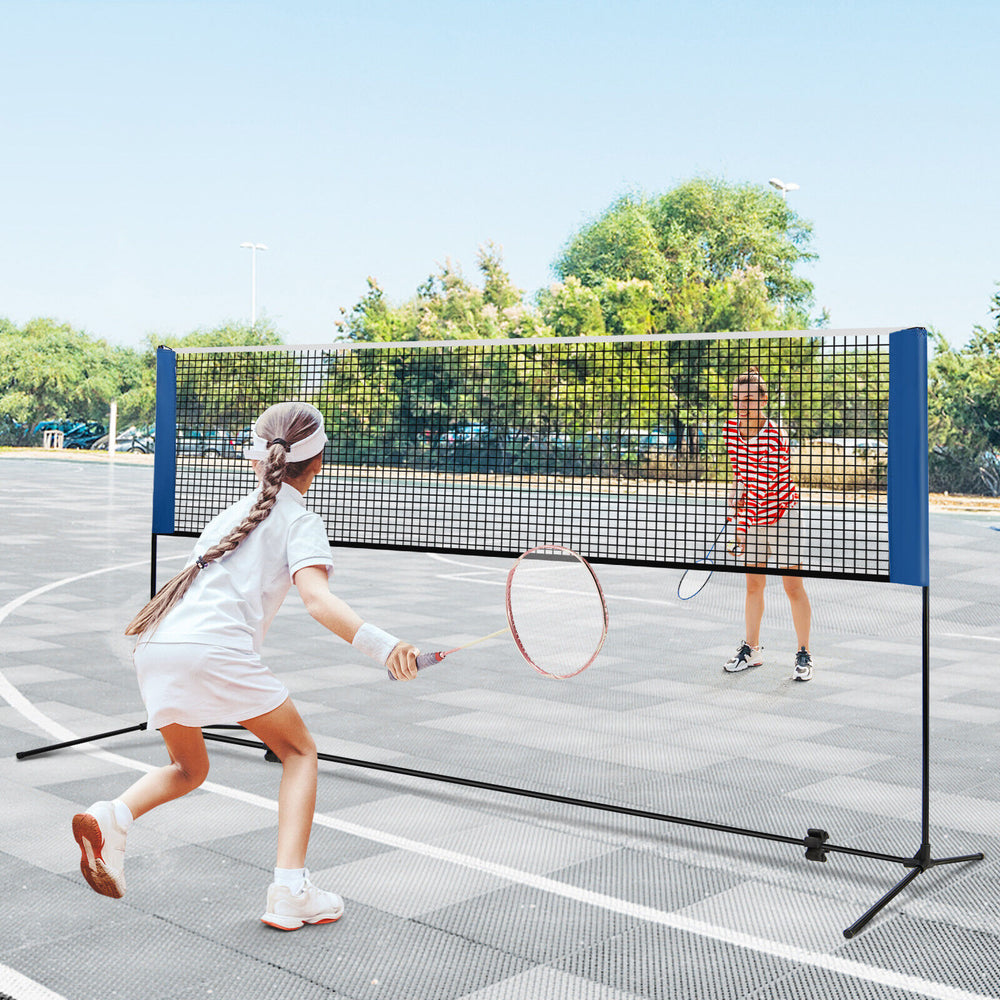 Adjustable 10-foot badminton net stand with a stable metal frame, ideal for yard, beach, or driveway sports activities.