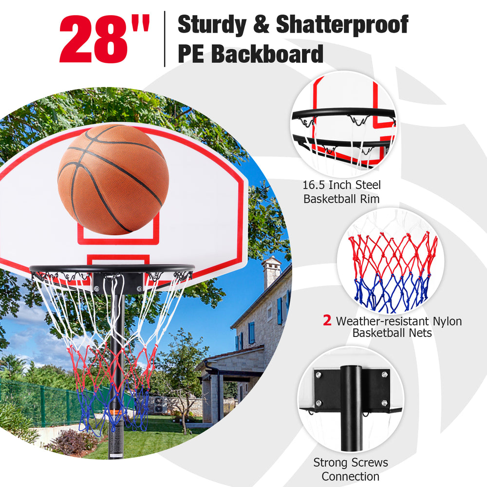 28" adjustable basketball hoop system with sturdy PE backboard, nylon net, and wheels for easy outdoor and indoor use.