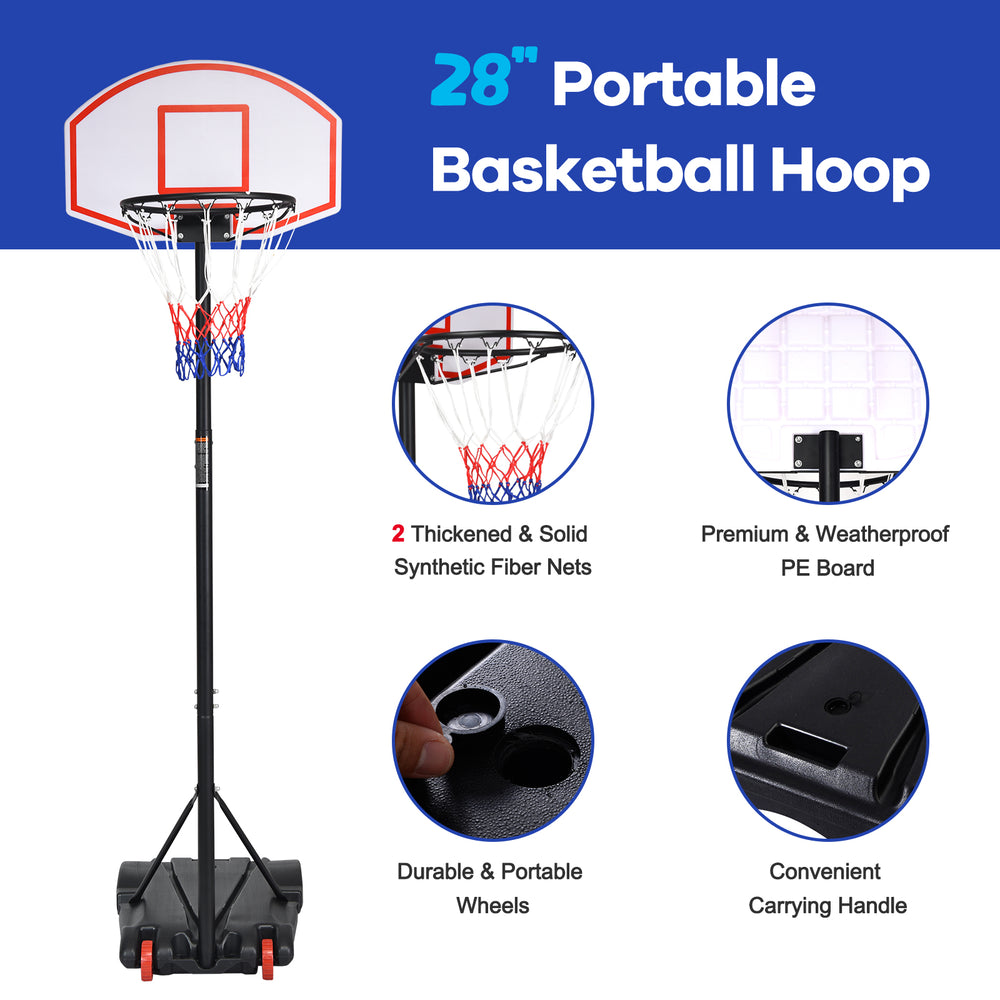 28" adjustable basketball hoop with durable PE board, nylon net, and portable wheels for indoor and outdoor use.