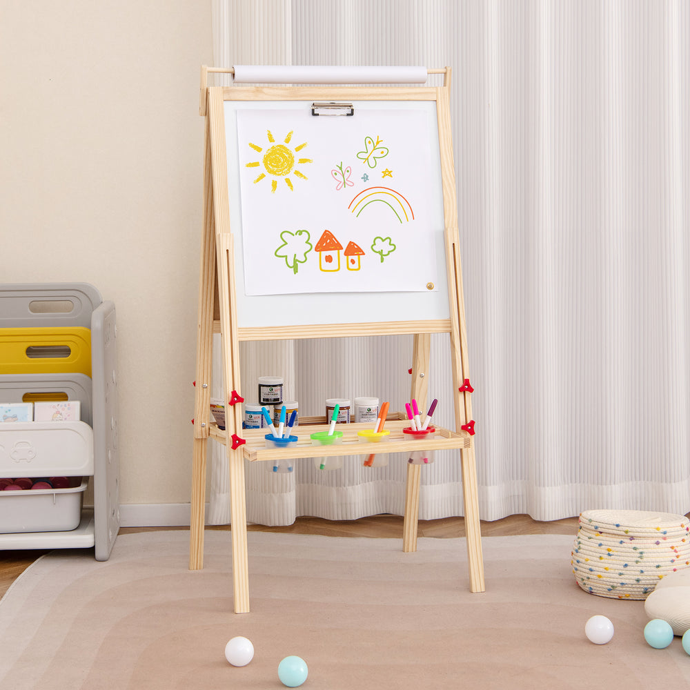 Adjustable double-sided easel with whiteboard and chalkboard, featuring 4 paint cups and sturdy A-shaped frame for kids.