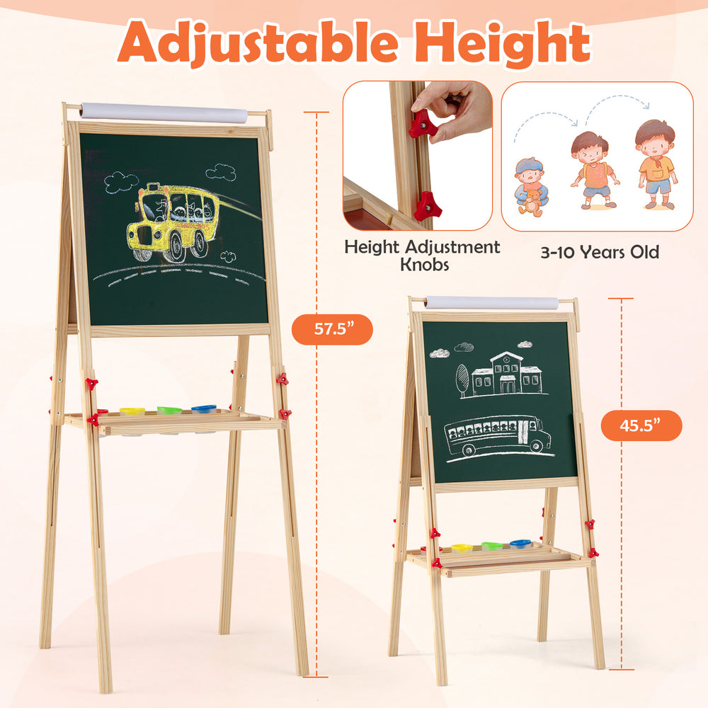 Adjustable double-sided easel with chalkboard and whiteboard, featuring 4 paint cups, suitable for kids aged 3-10 years.