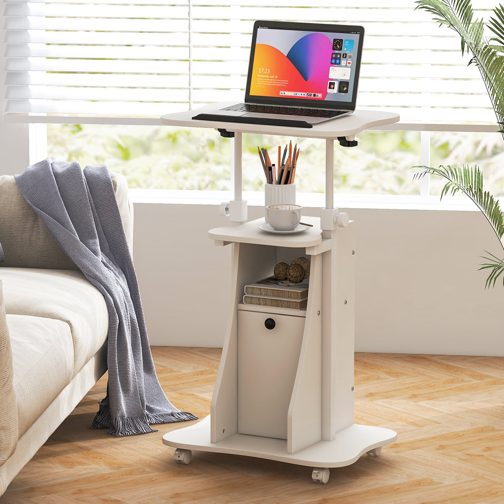 Adjustable Mobile Standing Desk Cart with Tilt Desktop and Cabinet-White - Gallery View 1 of 11