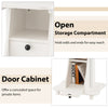 Open storage compartment and door cabinet of the adjustable mobile standing desk cart in white for organized workspace.